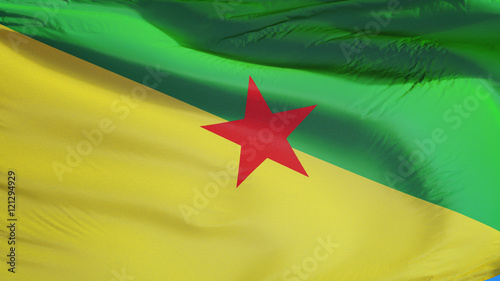 French Guiana flag waving against clean blue sky, close up, isolated with clipping path mask alpha channel transparency digital composition