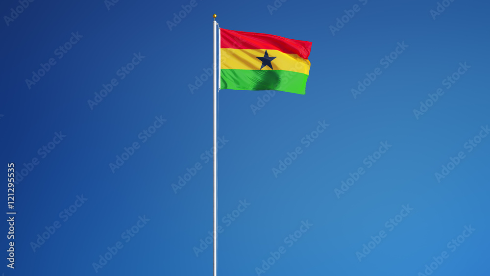 Ghana flag waving against clean blue sky, long shot, isolated with clipping path mask alpha channel transparency Ghana flag waving against clean blue sky, long shot, isolated with clipping path mask alpha channel transparency