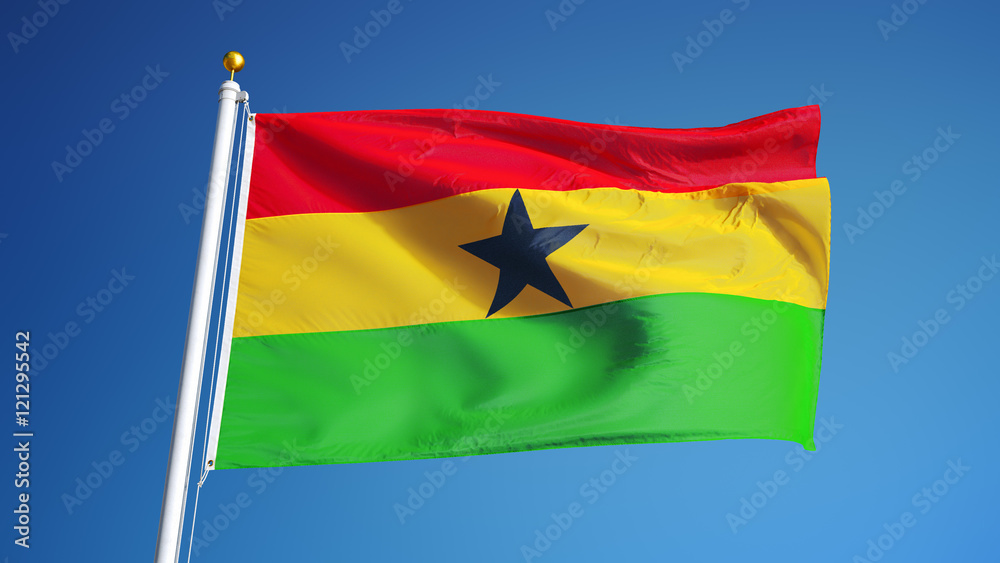 Ghana flag waving against clean blue sky, close up, isolated with clipping path mask alpha channel transparency Ghana flag waving against clean blue sky, close up, isolated with clipping path mask alpha channel transparency