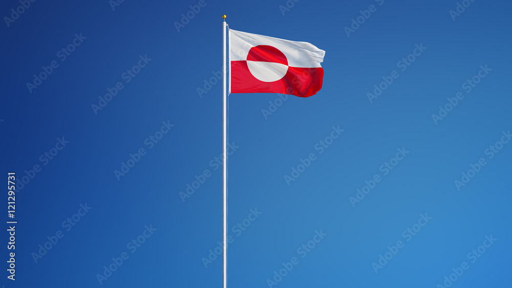Fototapeta premium Greenland flag waving against clean blue sky, long shot, isolated with clipping path mask alpha channel transparency