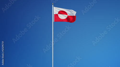 Greenland flag waving against clean blue sky, long shot, isolated with clipping path mask alpha channel transparency