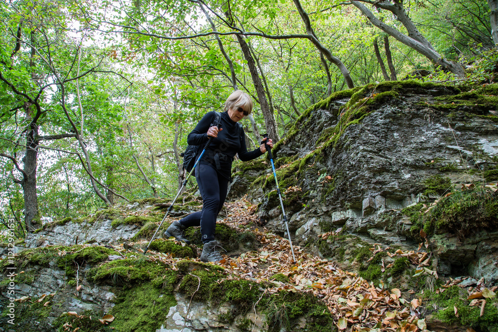 Senior woman nordic walking in nature