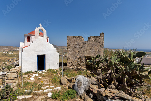 The ruins of a medieval fortress and White church, Mykonos island, Cyclades, Greece © Stoyan Haytov