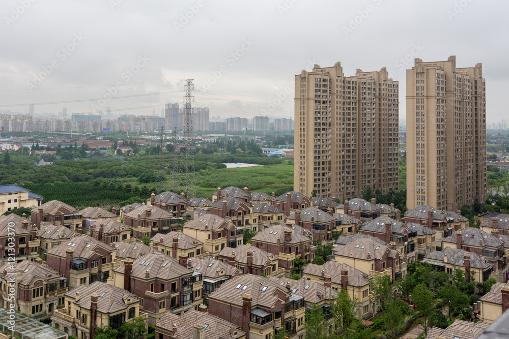 City View -Villas and skyscraper in Wuxi City, Jiangsu Province, China.