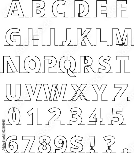 continuous line font - letters and numbers thin line