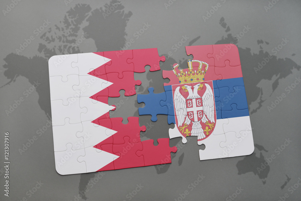 puzzle with the national flag of bahrain and serbia on a world map background. puzzle with the national flag of bahrain and serbia on a world map background.