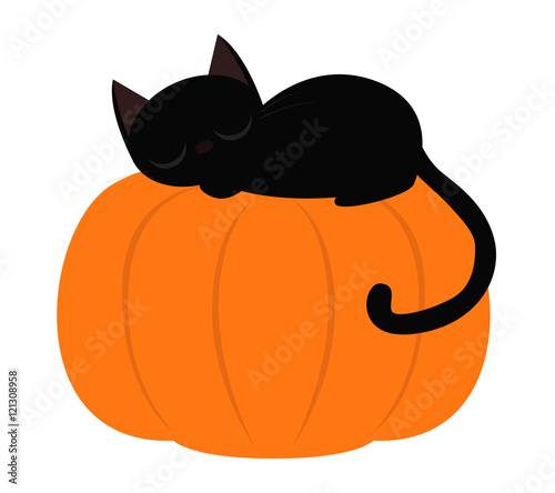 Black cat sleeping on top of a pumpkin