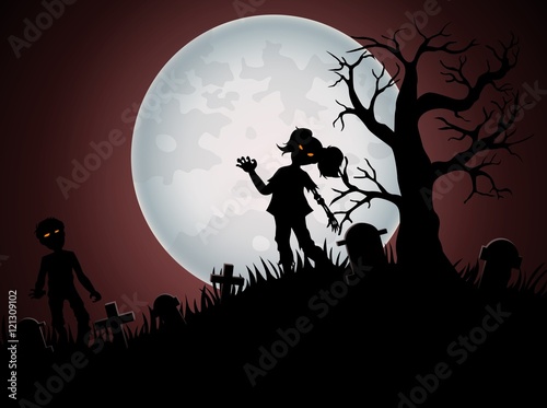 Halloween background with zombies and the moon on the cemetery 