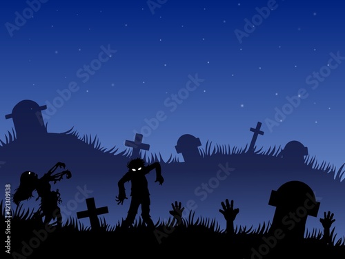 Halloween background with zombies  tombstones and on the cemetery