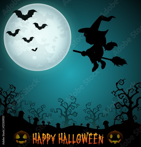 Halloween night background with flying little girl witch in broomstick on the cemetery 