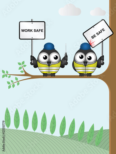 Fototapeta Naklejka Na Ścianę i Meble -  Comical construction workers with work safe be safe message