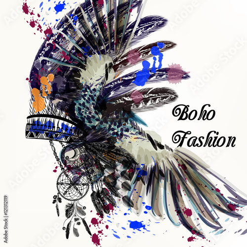 Fashion illustration with Indian head dress and ink spots boho s