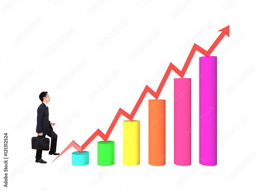 business man stepping forward on growing 3d bar graph with arrow business man stepping forward on growing 3d bar graph with arrow