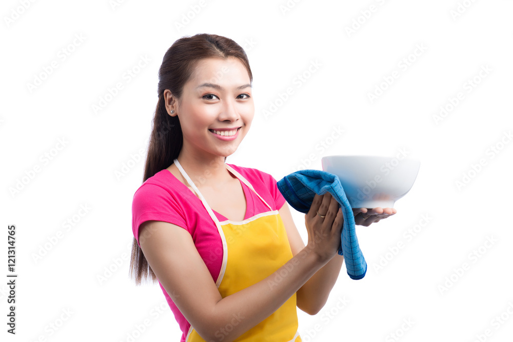 Young asian woman washed the dishes on white