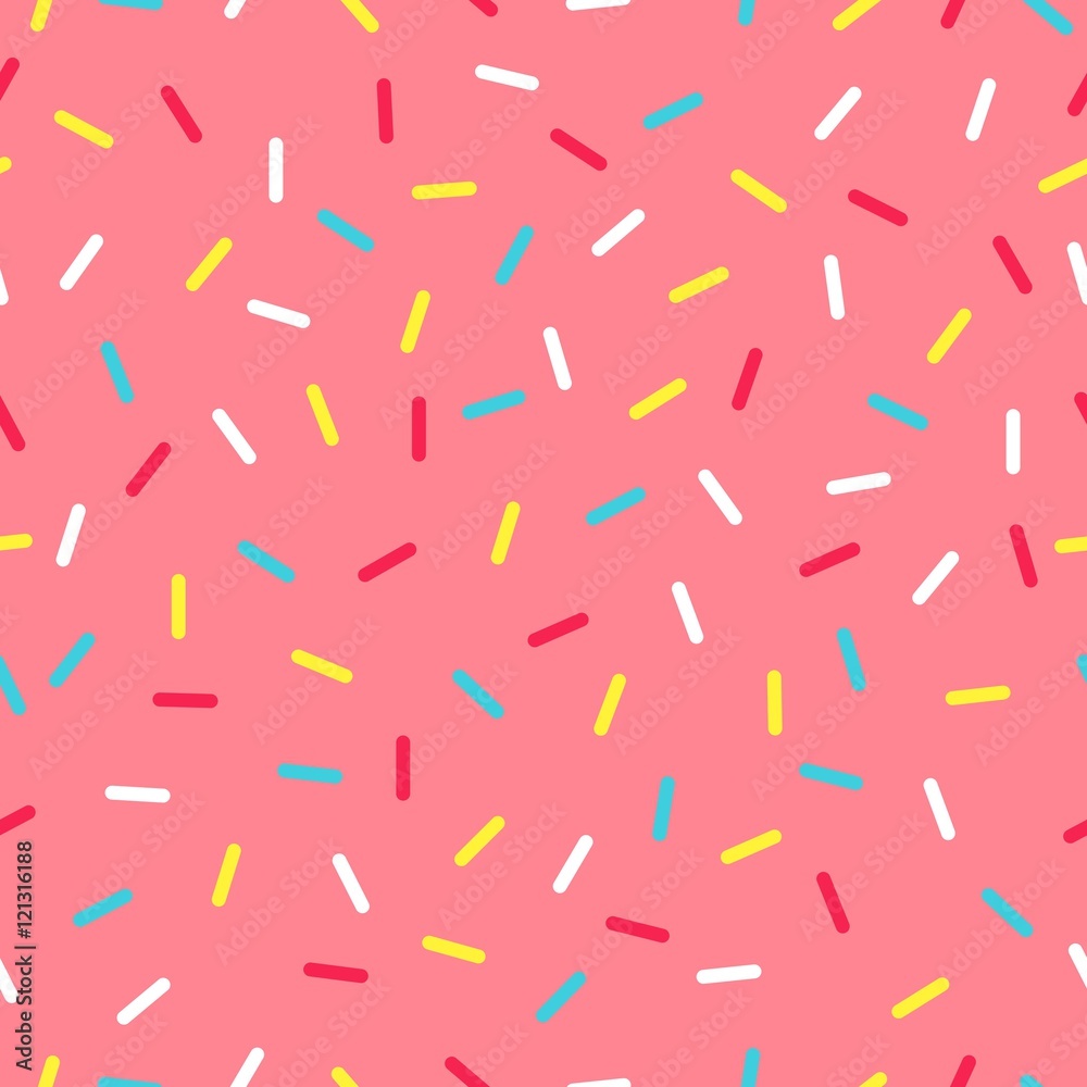 Seamless background with pink donut glaze. Decorative bright sprinkles texture pattern design