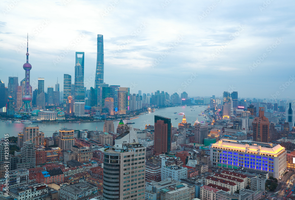 Obraz premium Aerial photography at Shanghai bund Skyline of twilight