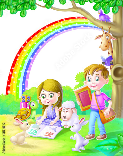 Boy, girl and animals readi...
