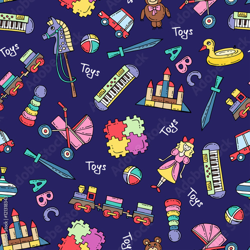 Vector seamless pattern with hand drawn colored toys for girls and boys on blue color
