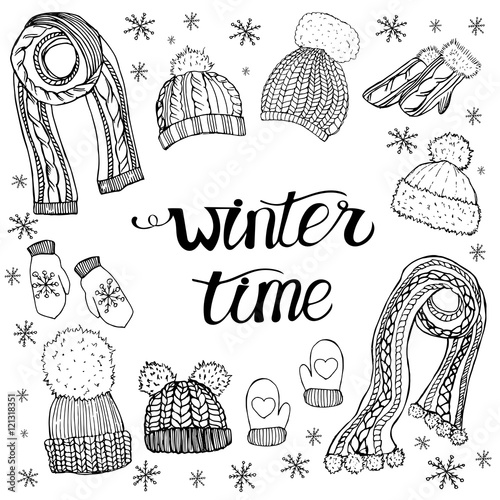 Hand drawn winter clothes set.

