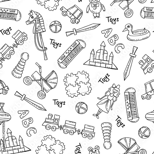 Vector seamless pattern with hand drawn isolated toys for girls and boys on white color