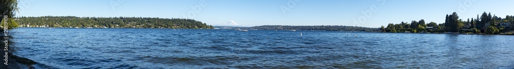 Panoramic View of Lake Washington and Mt Rainier on a Blue Summer Day From Seward Park, Seattle, Washington Panoramic View of Lake Washington and Mt Rainier on a Blue Summer Day From Seward Park, Seattle, Washington