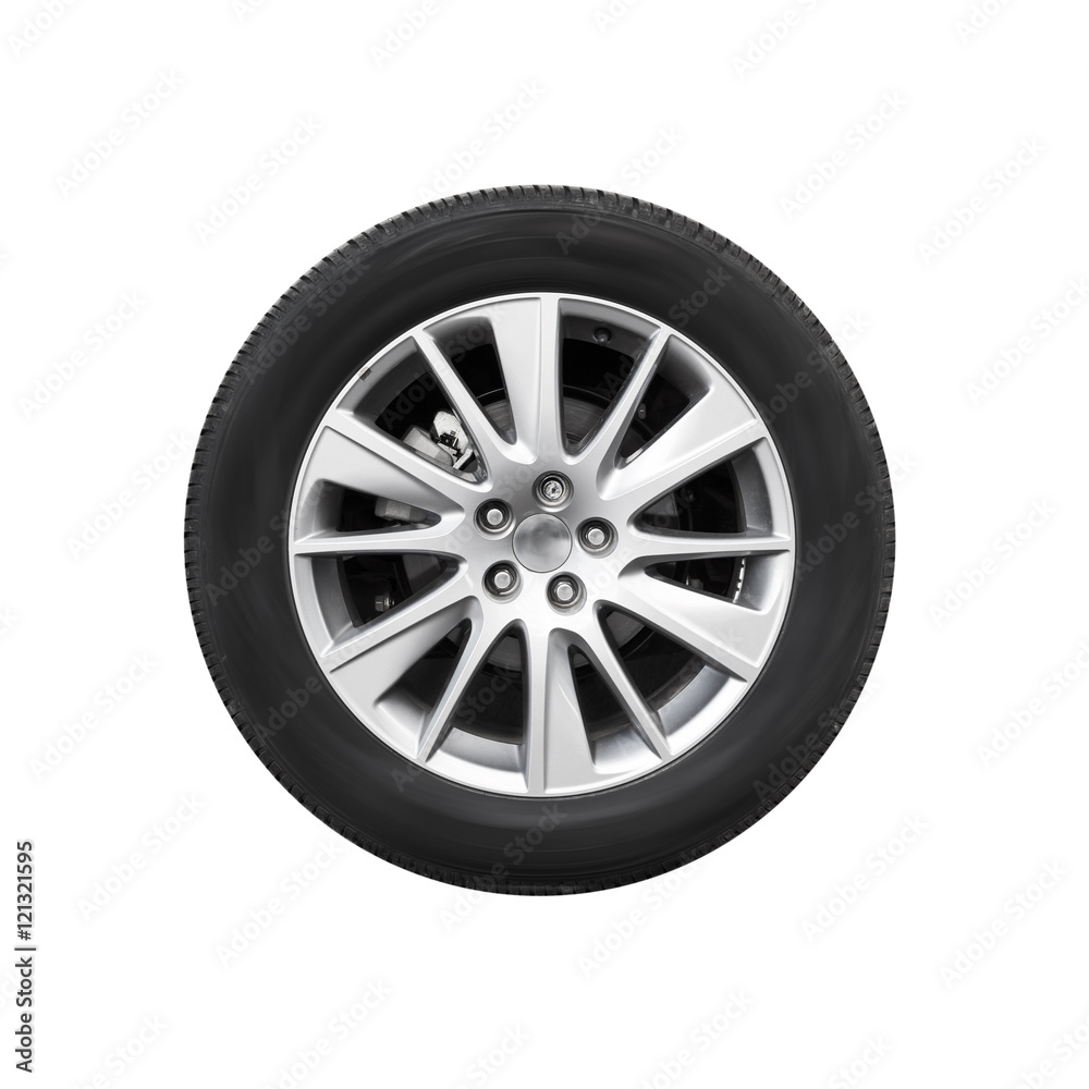 Modern car wheel, front view isolated on white