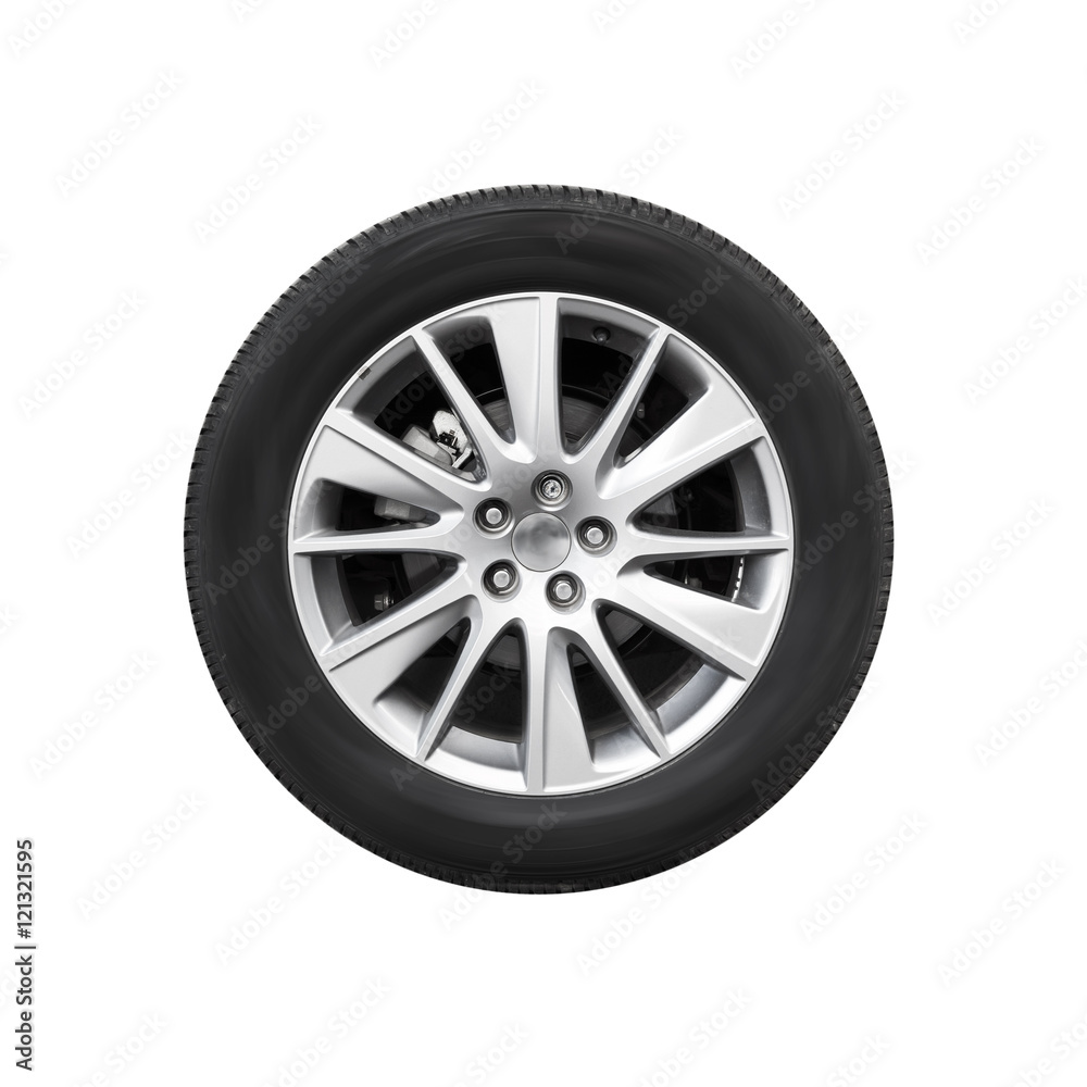Modern car wheel, front view isolated on white Modern car wheel, front view isolated on white
