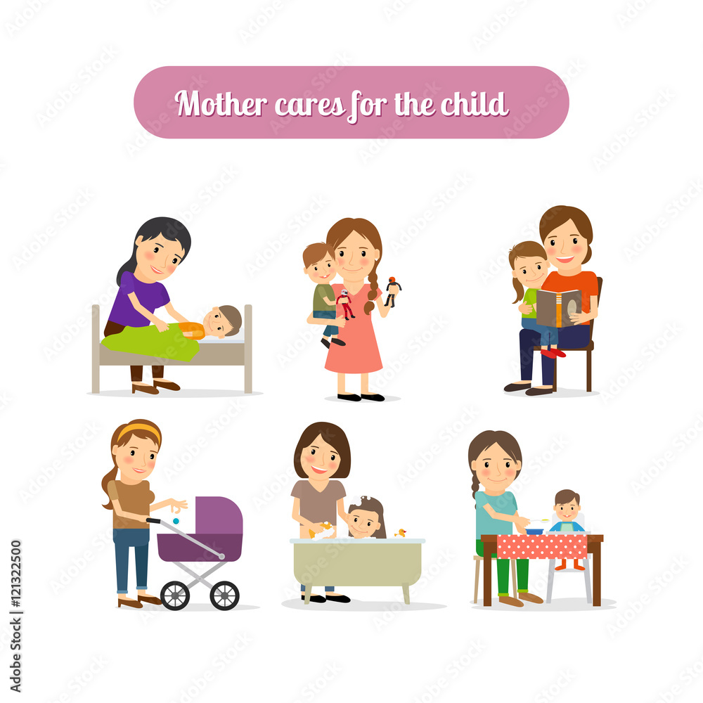 Mother cares for the child characters set. Vector illustration