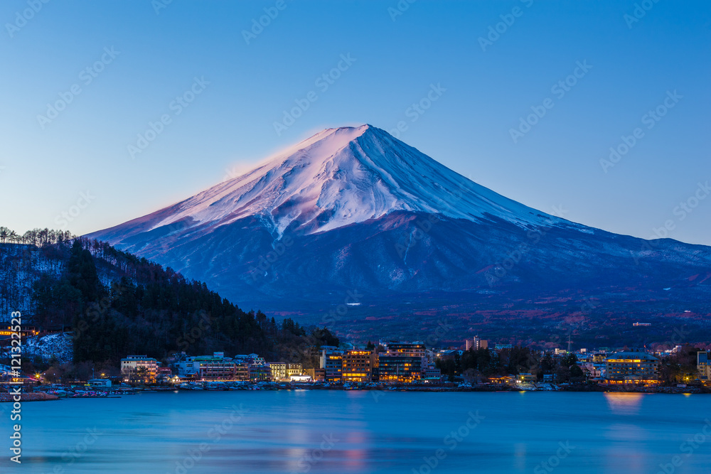 Mount Fuji at dawn from Lake Kawaguchi during winter Mount Fuji at dawn from Lake Kawaguchi during winter
