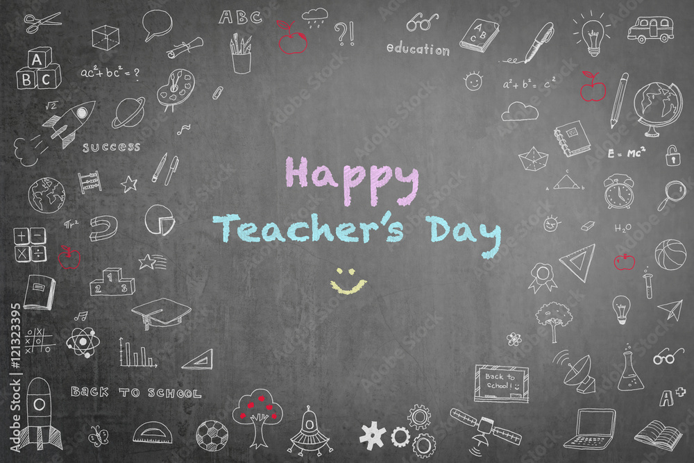 Happy teacher's day concept with smiley face icon on black chalkboard and doodle freehand sketch chalk drawing: Students sending greeting message to school teachers/ academia on special occasion Happy teacher's day concept with smiley face icon on black chalkboard and doodle freehand sketch chalk drawing: Students sending greeting message to school teachers/ academia on special occasion