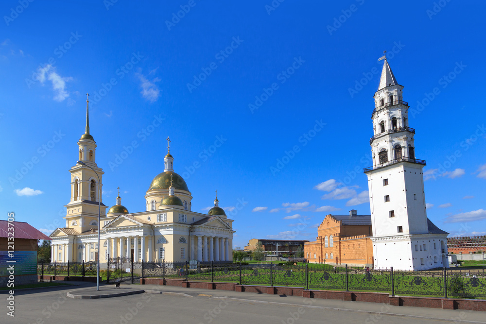 Cathedral and leaning tower in Nevyansk, Russia