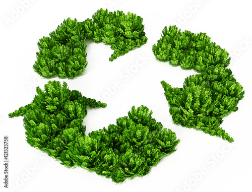 Green bushes forming recycle symbol. 3D illustration