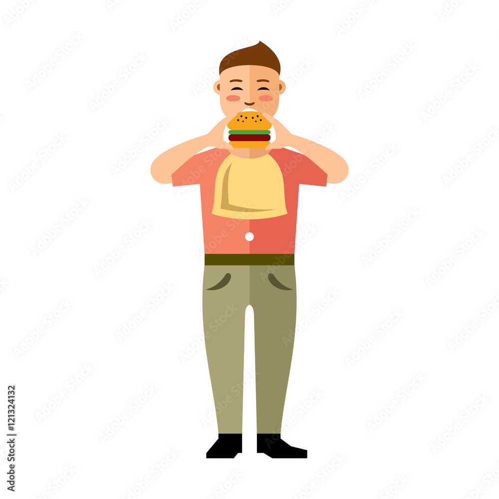 Vector Happy hipster man with hamburger. Flat style colorful Cartoon illustration.