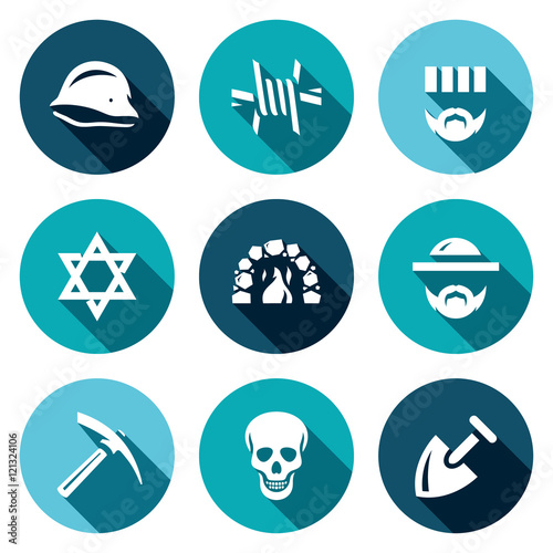 Vector Set of Concentration Camp Icons. German helmet, Barbed Wire, Prisoner, Judaism, Crematorium, Jew, Servitude, Death, Burial.