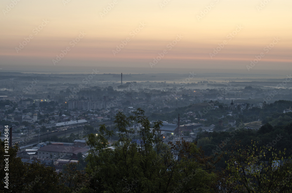 Sunrise over the city. View of the City from the High Castle, Lviv, Ukraine
