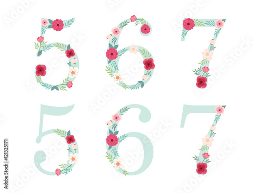 Cute vintage numbers with hand drawn rustic flowers isolated on white background