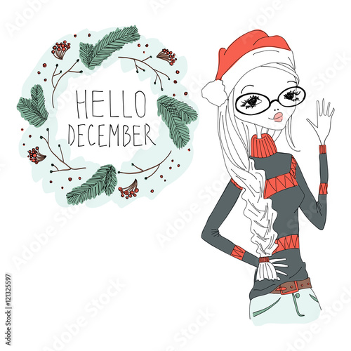 Hello December Colorful Illustration with a Hello December Typography Lettering, Winter Holiday Wreath and a Fashion Girl. Artistic Fashion Hello December Vector Illustration for Print, Blogging