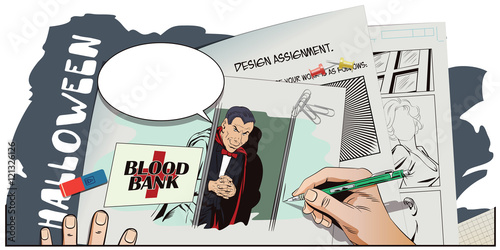 Halloween. Vampire at entrance to blood bank.