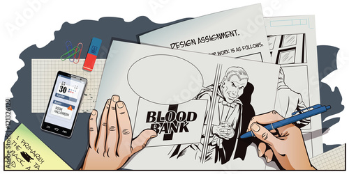 Halloween. Vampire at entrance to blood bank.