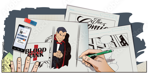 Halloween. Vampire at entrance to blood bank.