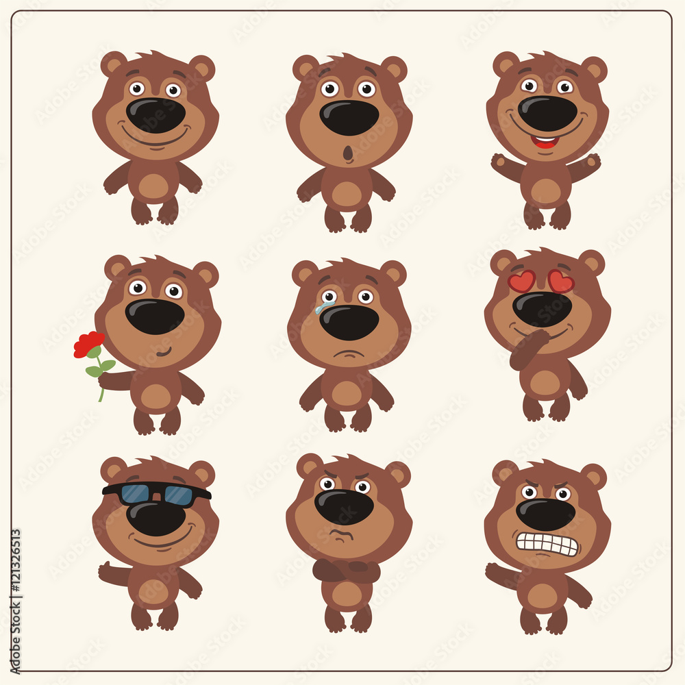 Naklejka premium Vector set isolated emotion teddy bear. Collection cute bears in cartoon style.