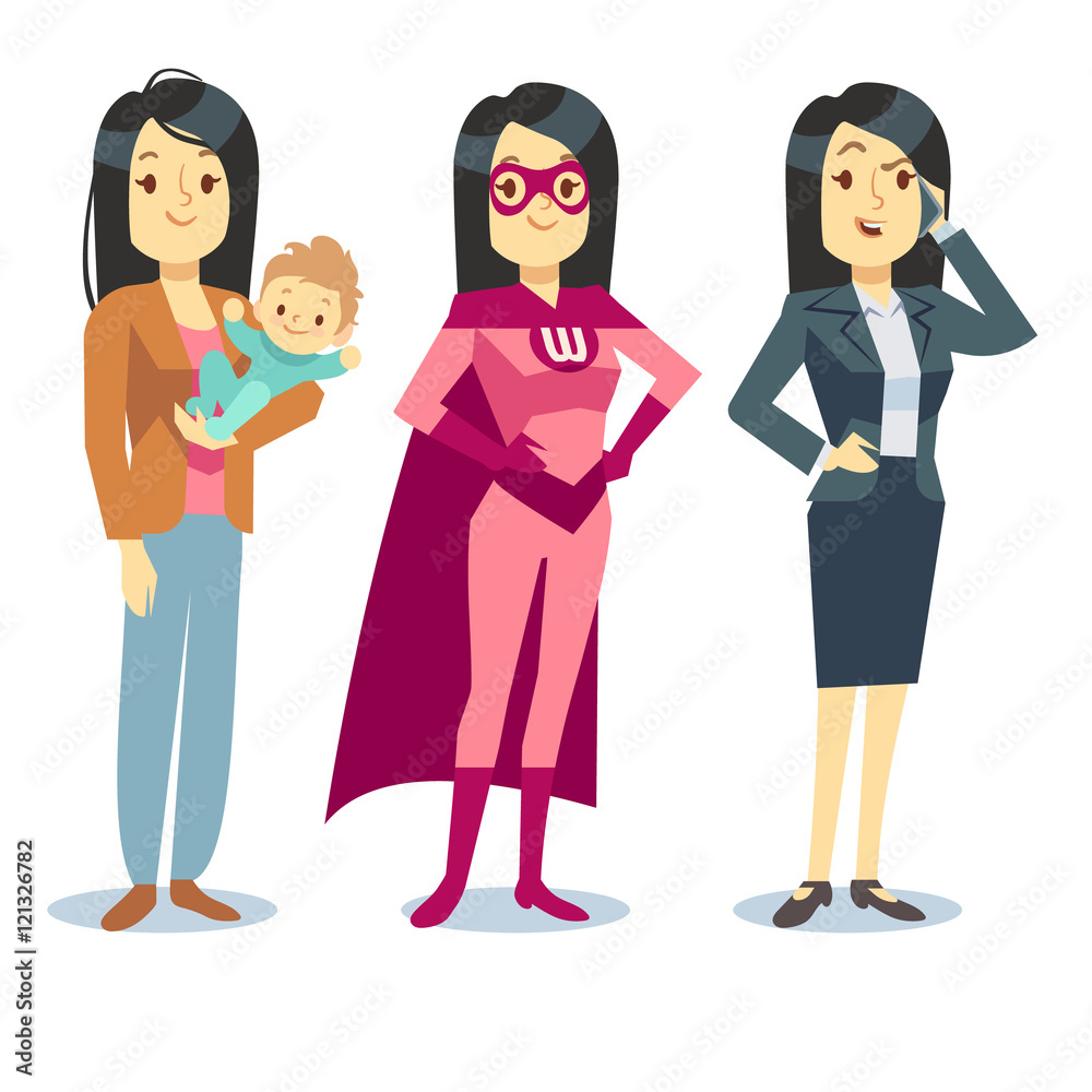 Super woman in superhero costume, mom with baby, businesswoman balancing vector concept Super woman in superhero costume, mom with baby, businesswoman balancing vector concept