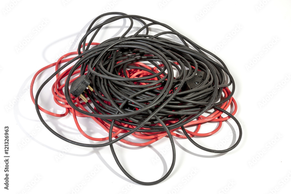  Pile of Rolled Red and Black Electric Extension Cables