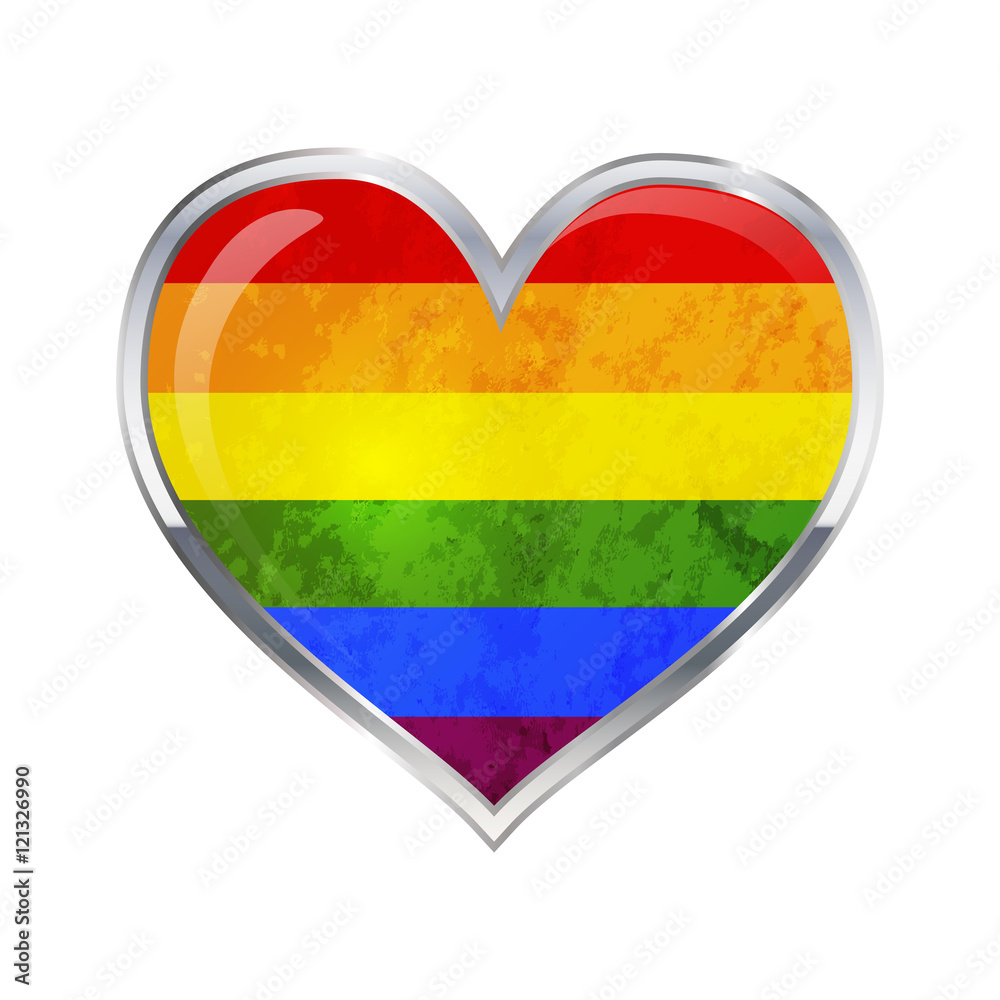 Heart shaped glossy icon with metallic border of LGBT flag on white Heart shaped glossy icon with metallic border of LGBT flag on white