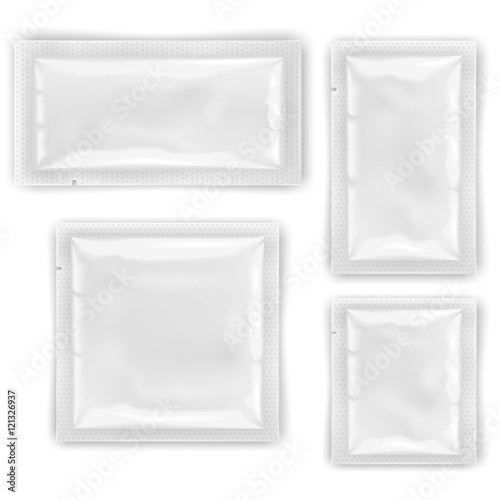 White empty foil, plastic packaging for cosmetics and food vector templates, design mockups
