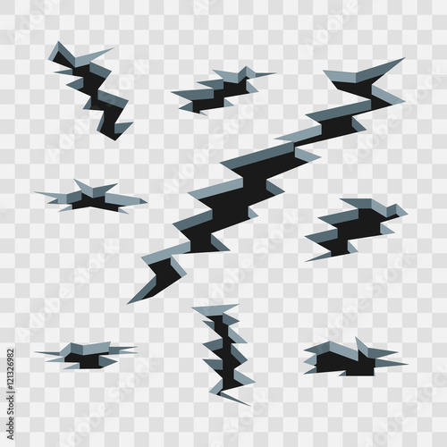 Cartoon cracks in the ground isolated on transparent checkered background vector set.