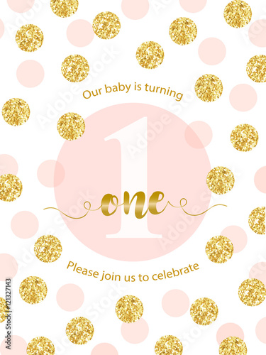 Cute baby first birthday card with golden glitter confetti for your decoration