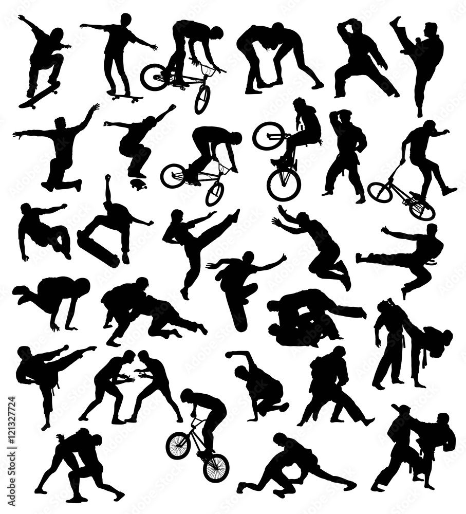Silhouette extreme sports activities, cycling, skateboarding, wrestling, martial art and parkour, art vector design 
