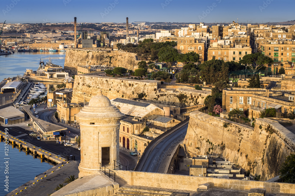Malta - Watch tower of Valletta with seafront, Floriana and Grand Harbour at background