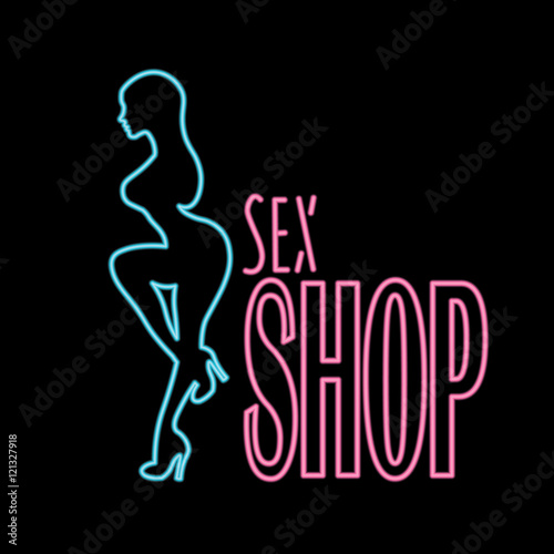 Neon banner sex shop text,